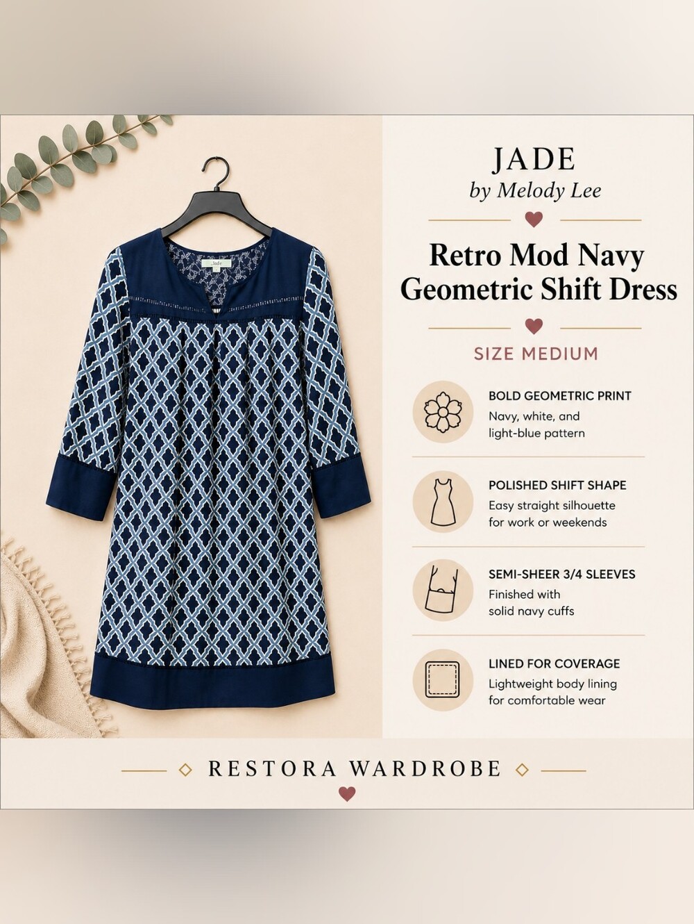 Jade by Melody Lane Shift Dress Navy Geometric 3/4 Sleeve M Retro Mod